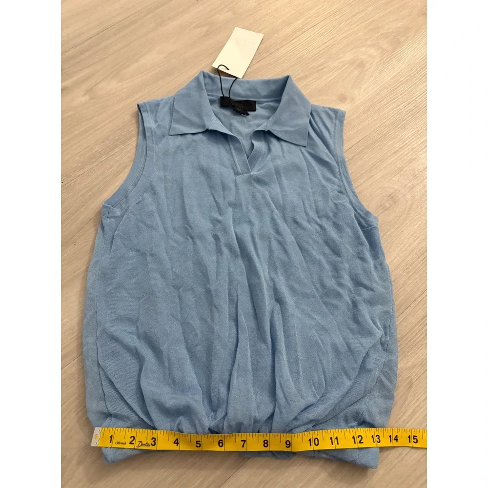 Zara Women Polo Top Sleeveless Knit Top Light Blue V-Neck Elastic Hem Size S NWT